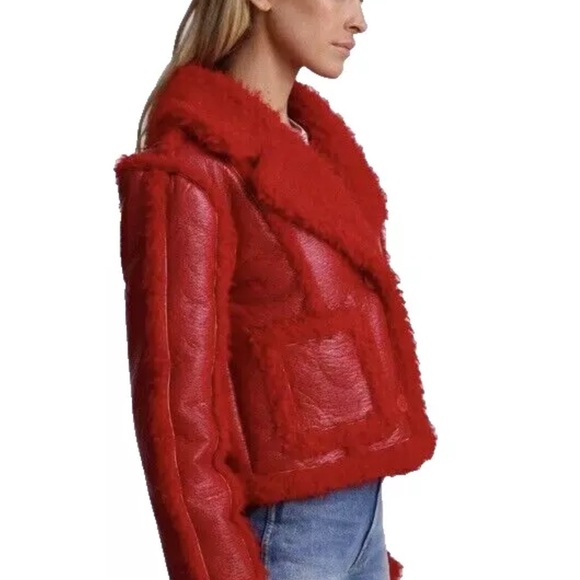 7 FOR ALL MANKIND Stella Red Vegan Leather Faux Shearling Cropped Jacket XS- NWT - Picture 5 of 6